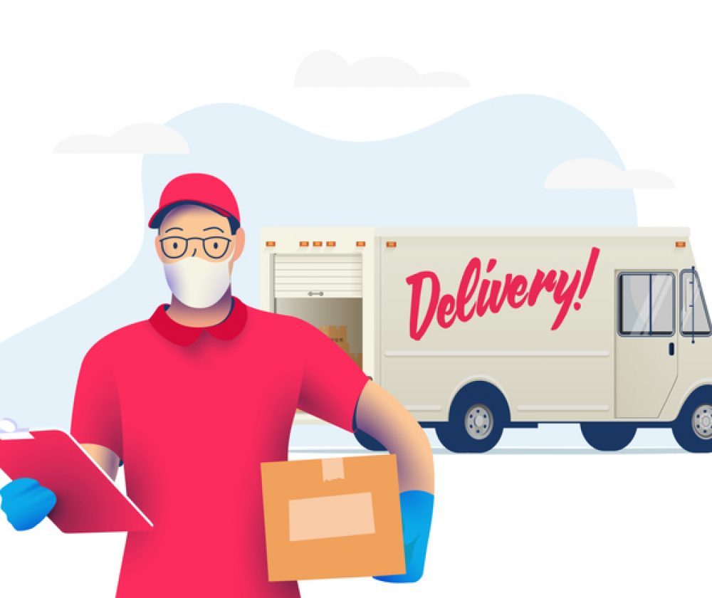 Delivery courier man with medical protective mask on his face holding package with delivery truck on background. Delivery during quarantine time. Vector eps 10 illustration.